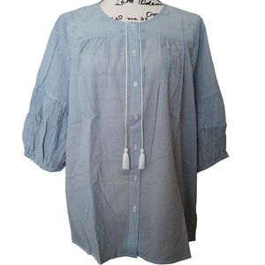 NYDJ Button Up Blouse Blue White Striped Boho Peasant Lightweight Puffy Sleeves